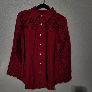 Red Button-Up Lace Detail Womens Blouse Valentines Whimsigoth Red